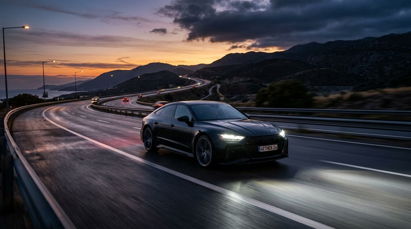 Nexgen Wheels luxury self-drive vehicle on the highway at dusk